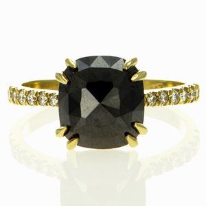 Black Diamond Alternative Engagement Ring 14K Yellow Gold Cushion Cut 3.68 TCW